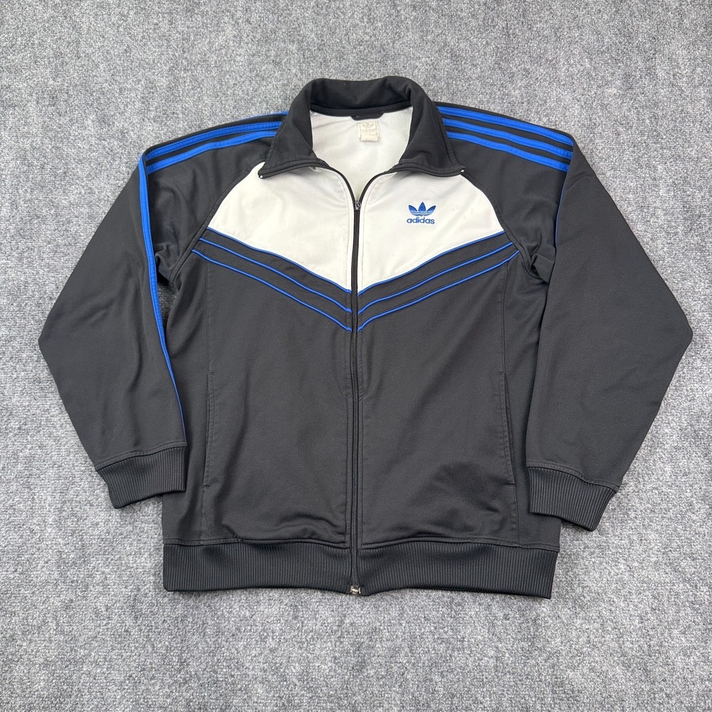 Vintage Adidas Track Jacket Mens Medium Full Zip Stripes Pockets Black Blue